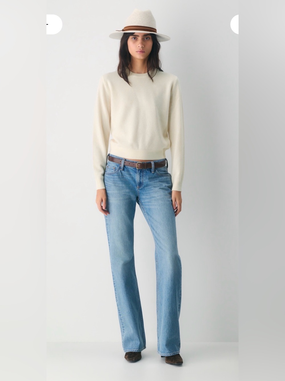 Aritzia Cream Felt Wide-Brim Hat with Brown Band